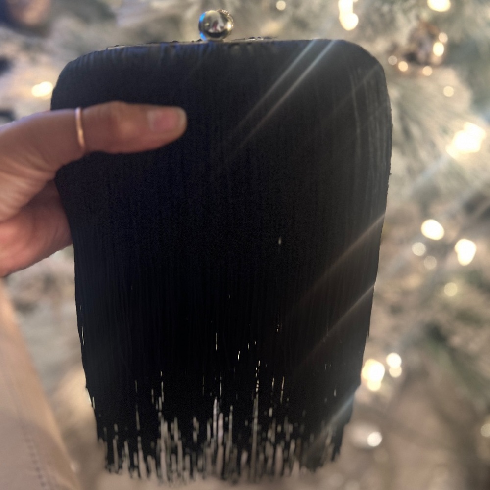 Black Fringe Evening Clutch Bag with Pearl Strap